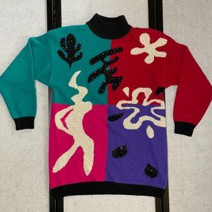 SK & COMPANY Colorful Sweater Sequins Lambswool Angora Vintage 80s Flower